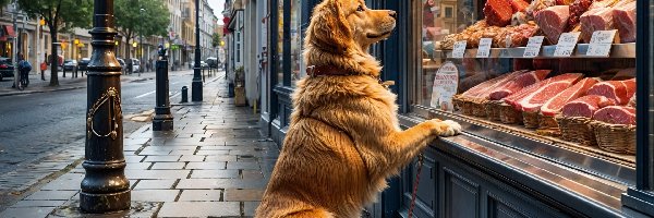 Ulica, Sklep, Mięso, Golden retriever, Pies, Chodnik, Wystawa