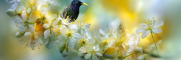 Kwiaty, Szpak, Drzewo owocowe, Grafika AI, Ptak