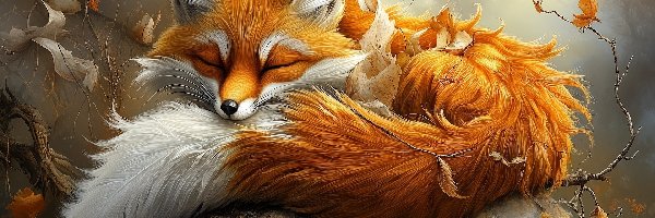 Liście, Lis, Rudy, Jesienne, Śpiący, Grafika