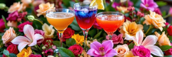 Róże, Kieliszki, Kwiaty, Lilie, Drinki, Kolorowe