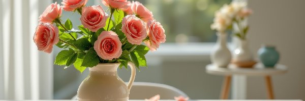 Kwiaty, Dzbanek, Róże, Okno, Stół