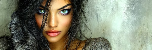 Grafika, Twarz, Makijaż, Kobieta, Ciemnowłosa, Oczy, Zielone