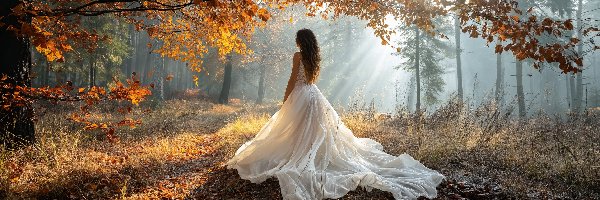 Drzewo, Jesień, Suknia, Biała, Kobieta, Słoneczny blask, Liście, Las, Gałęzie