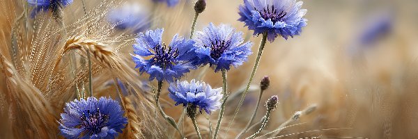 Kłosy, Kwiaty, Zboże, Grafika AI, Niebieskie, Chabry