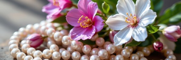 Różowe, Naszyjnik, Perły, Kwiaty
