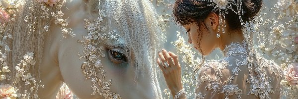 Kwiaty, Biały, Koń, Grafika, Biżuteria, Kobieta