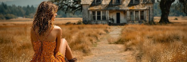 Kobieta, Sukienka, Letnia, Dom, Ścieżka