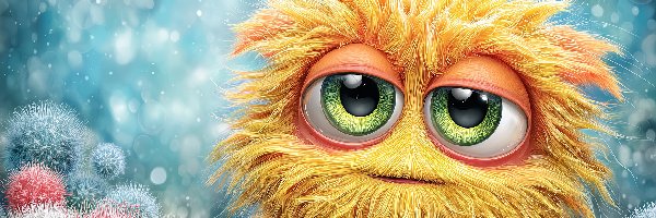 Zielone, Stworek, Grafika AI Śmieszne, Czupryna, Duże, Oczy, Żółta, Śmieszny