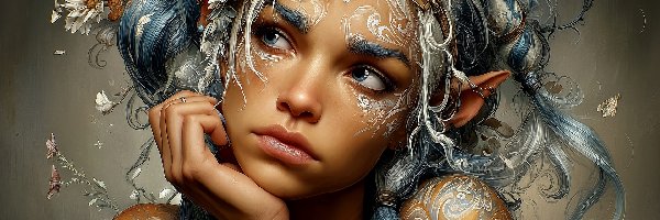 Kwiaty, Twarz, Opaska, Grafika AI, Elfka, Dziewczyna