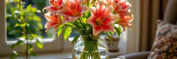 Okno, Lilie, Szklany, Pomarańczowe, Kwiaty, Stół, Wazon