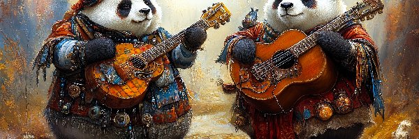 Gitary, Kolorowe, Ubrania, AI, Pandy wielkie, Dwie