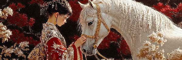 Japonka, Kimono, Dziewczyna, Koń, Biały