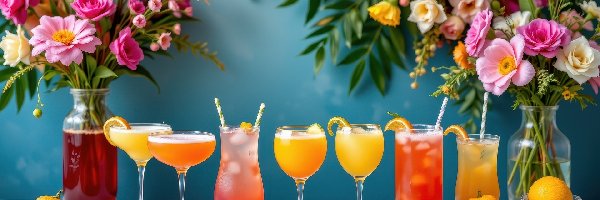 Szklanki, Drinki, Stół, Wazony, Kieliszki, Pomarańcze, Kwiaty, Kolorowe