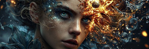 Spojrzenie, Grafika AI, Ogień, Dziewczyna