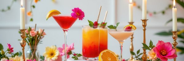 Kompozycja, Kieliszki, Świece, Szklanki, Drinki, Stół, Kwiaty