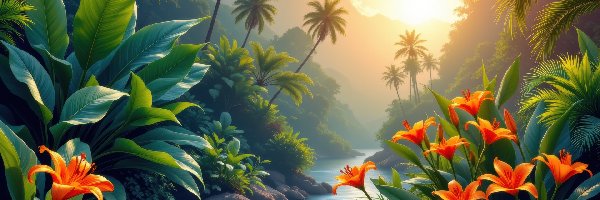 Palmy, Lilie, Niebo, Kamienie, Drzewa, Liście, Rzeka, Kwiaty