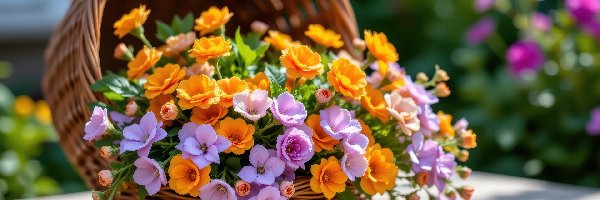 Pomarańczowe, Koszyk, Kwiaty, Fioletowe