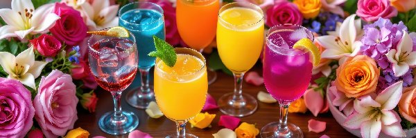 Płatki, Kolorowe, Kwiaty, Kieliszki, Drinki, Lilie, Róże