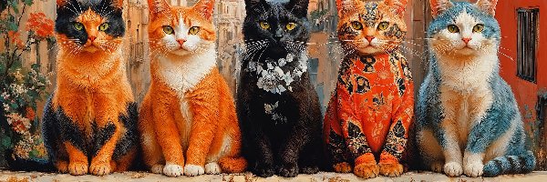 Koty, Murek, Kolorowe, Grafika, Domy