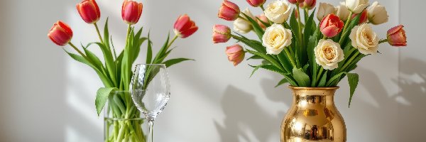 Wazony, Róże, Tulipany, Kieliszek, Bukiety, Dwa