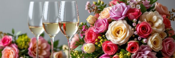Róże, Bukiet, Kwiaty, Tulipany, Wino, Kieliszki