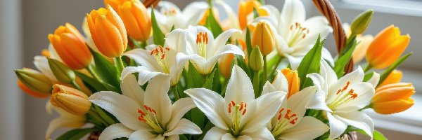Kwiaty, Tulipany, Żółte, Lilie Kosz, Białe