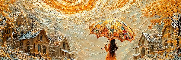Grafika, Parasol, Kobieta, Domy, Rzeka