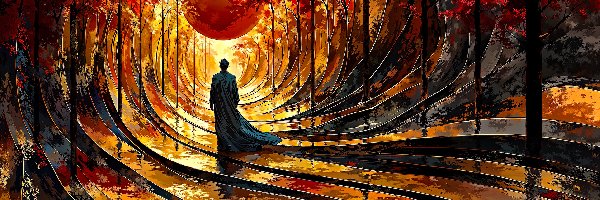 Fantasy, Drzewa, Człowiek, Linie, Jesień