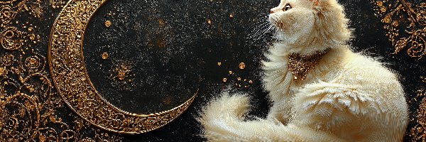 Kot, Puszysty, Biały, Grafika, Półksiężyc