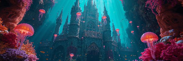 Przebijające światło, Głębiny morskie, Zamek, Fantasy, Grafika, Meduzy, Korale