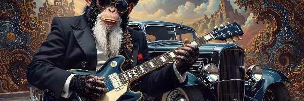 Okulary, Samochód zabytkowy, Cylinder, Grafika, Gitara, Małpa