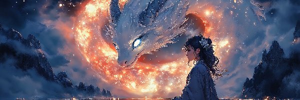 Jezioro, Fantasy, Smok, Dziewczyna