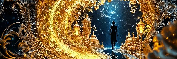 Fantasy, Kobieta, Droga, Latarnie, Wieżowce