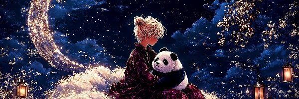 Fantasy, Panda wielka, Księżyc, Dziewczyna, Noc, Gwiazdy, Lampiony