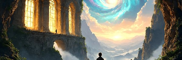 Budowla, Skały, Fantasy, Rośliny, Zabytkowa, Mgła, Mężczyzna, Góry