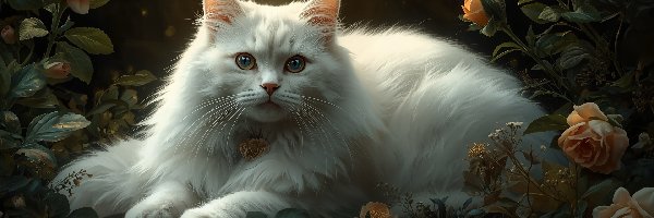 Róże, Puszysty, Kwiaty, AI, Biały, Kot