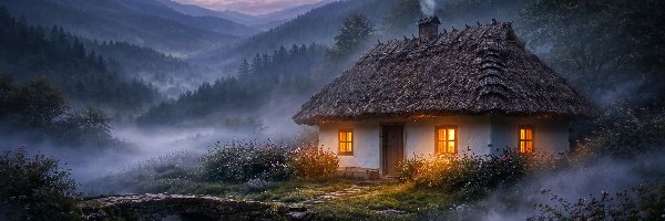 Zmrok, Potok, Zalesione, Mostek, Dom, Mgła, Góry