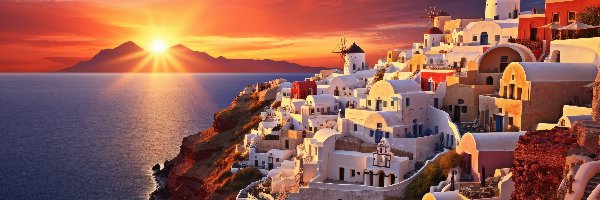Grecja, Domy, Santorini, Zachód słońca, Morze