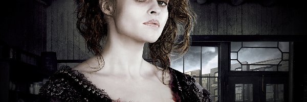 Sweeney Todd, drewniany dom, Helena Bonham Carter, suknia, fryzura