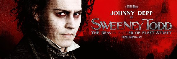 Sweeney Todd, spojrzenie, Johnny Depp, fryzura, napisy