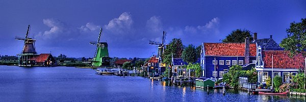 Rzeka, Haarlem, Wiatraki, Holandia, Amsterdam