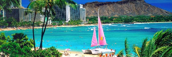 Hawaje, Wyspa, Oahu, Katamaran, Waikiki, Plaża