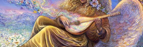 Kobieta, Instrument, Anioł, Josephine Wall, Kwiaty