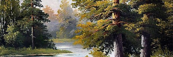 Las, Malarstwo, Łódka, Jezioro