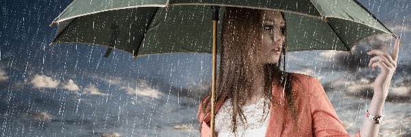 Kobieta, Deszcz, Parasolka, Piękna