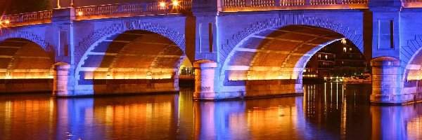 Rzeka, Światła, Noc, Most