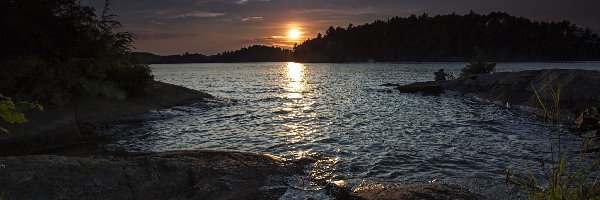 Jezioro, Świt, Skałki, Las