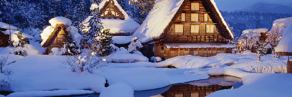 Śnieg, Drzewa, Domy, Zima
