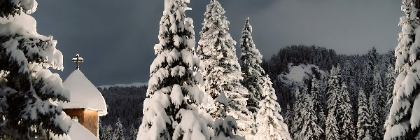 Zima, Kościół, Las, Niebo, Zachmurzone