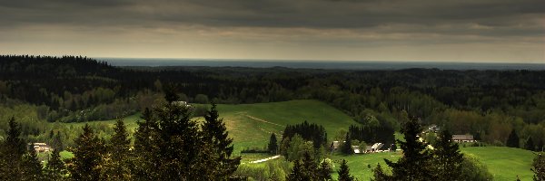 Panorama, Łąka, Las, Chmury, Wieś